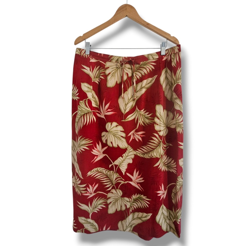 Pusser's West Indies Linen Silk Skirt 2 Red Tropical Floral Midi Vacation Resort